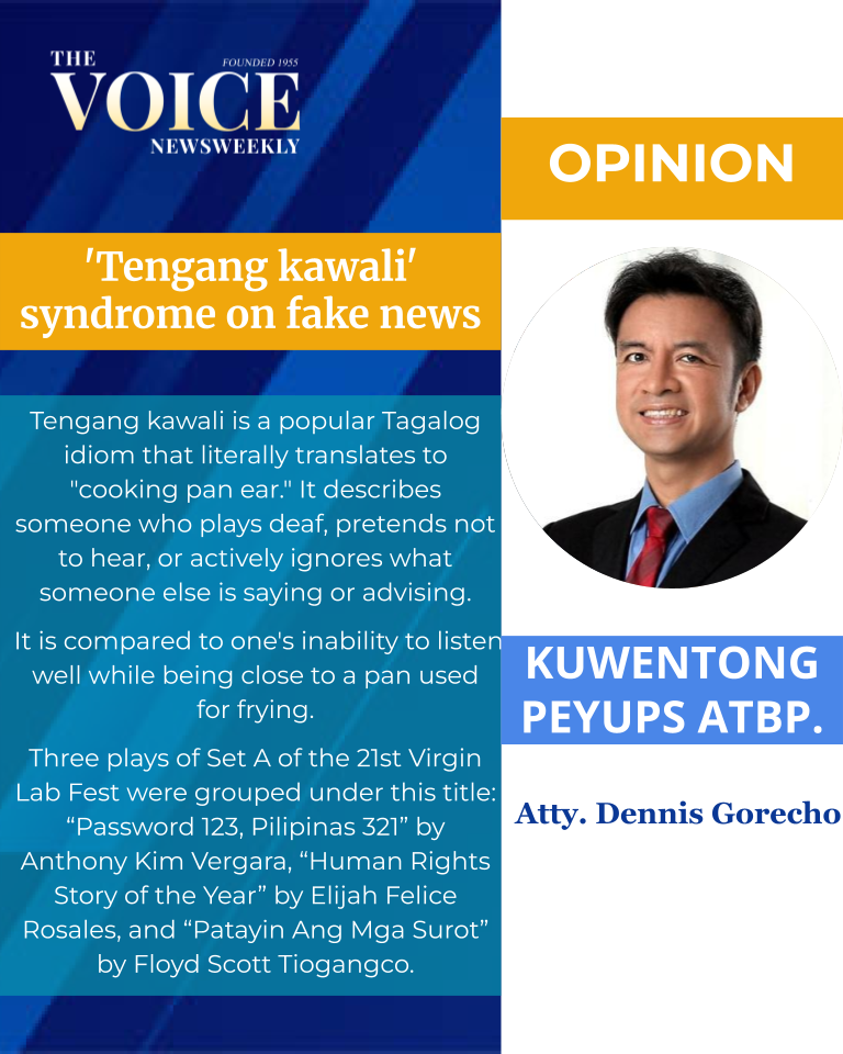 Here are a few options for a formal rewrite, depending on the focus of your article:
Option 1 (Most formal and academic):
An Analysis of the ‘Tengang Kawali’ Syndrome in the Context of Misinformation
Option 2 (Direct and professional):
The Prevalence of ‘Tengang Kawali’ Syndrome Amidst the Spread of Fake News
Option 3 (Concise):
‘Tengang Kawali’ Syndrome: Indifference in the Age of Disinformation
Recommendation: If this is for a news publication, Option 2 is the most balanced and journalistic approach.
(Note: Since “Tengang Kawali” is a Filipino idiomatic expression for “ignoring” or “turning a deaf ear,” keeping it in quotes is appropriate as it functions as a cultural term.)