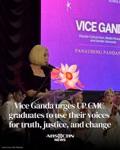 Here are a few options for a formal title, depending on your publication style:
Option 1 (Direct and Professional):
Vice Ganda Urges UP Diliman Graduates to Combat Misinformation, Corruption, and Injustice
Option 2 (More formal/Journalistic):
Vice Ganda Calls Upon UP Diliman Graduates to Utilize Education in the Fight Against Social Injustice
Option 3 (Concise):
Vice Ganda Challenges New UP Diliman Graduates to Advocate for Truth and Accountability
Note: You can append “Full details in the comments section” to the end of any of these if required.